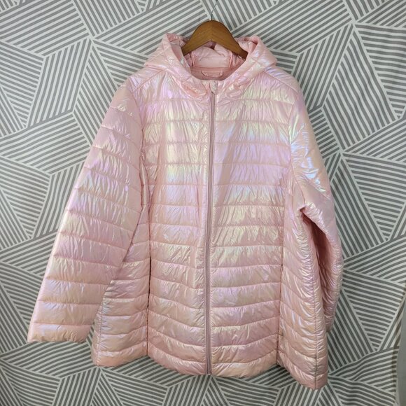 Torrid Pink Iridescent Puffer Coat Plus Size 4 4X Hooded Warm Winter Bubblegum - Picture 2 of 8